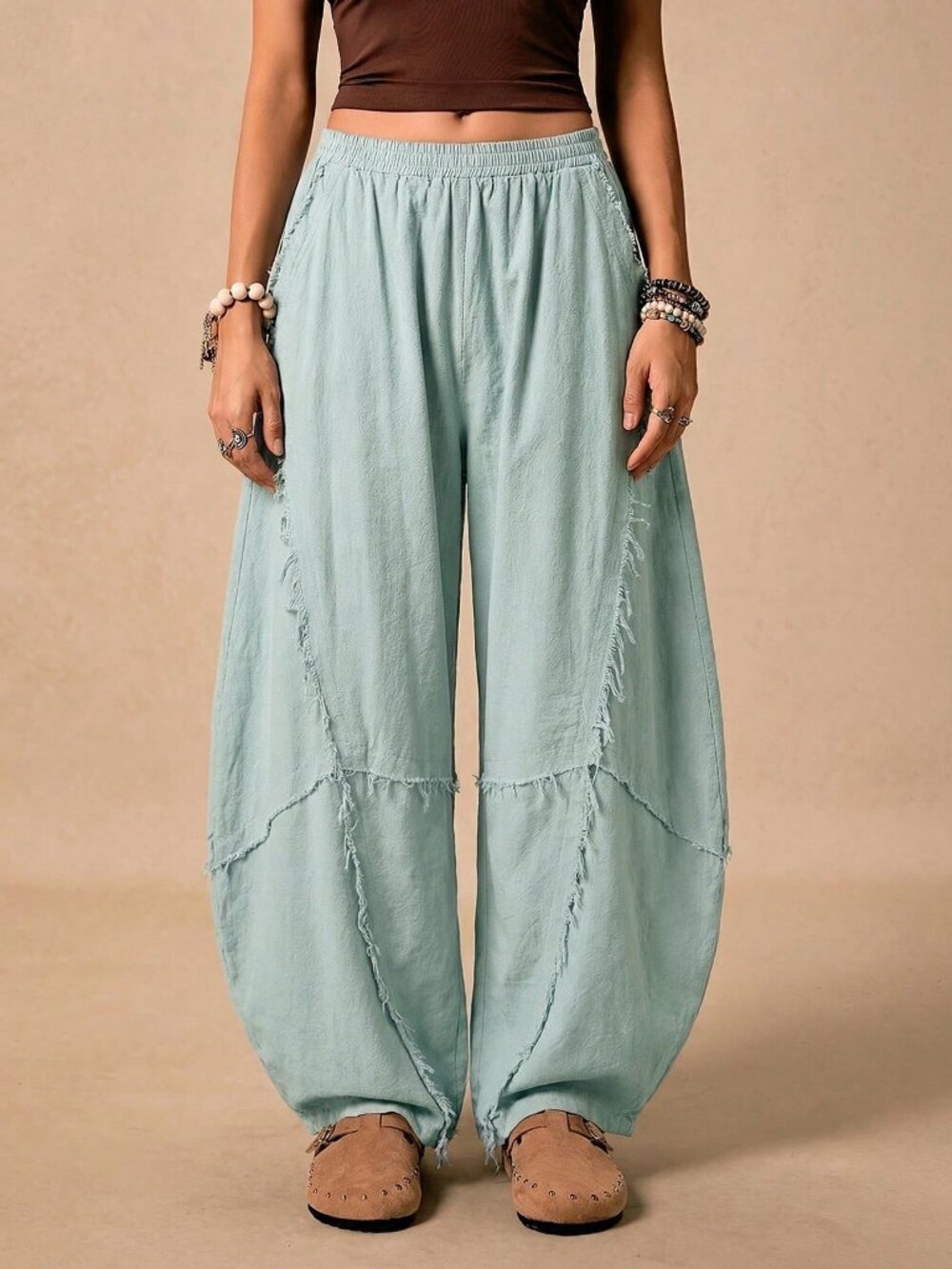 Green Casual Western Bohemian Women's Pants Cropped Hem Curved Knife Design